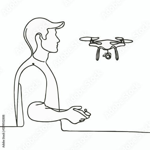 Man flying drone with controller in line art style