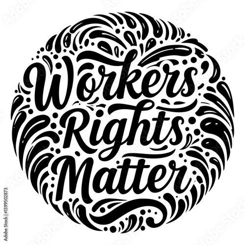Bold, stylized lettering of "Workers Rights Matter" in a circular, ornate design.  Ideal for social media, posters, or advocacy materials.  Suitable for advertising, editorial, and merchandise.