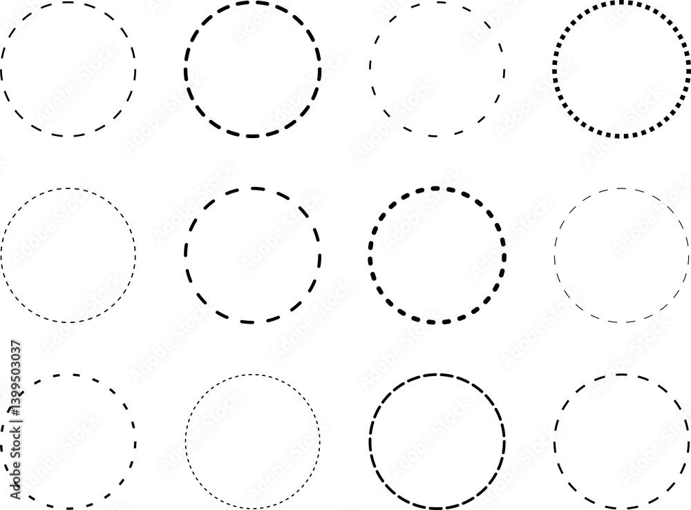 Dotted line circle frame. Dashed outline design of border. Icon of cut frame. Dash line shapes Dotted line circle frame. Dashed outline design of border. Icon of cut frame. Dash line shapes