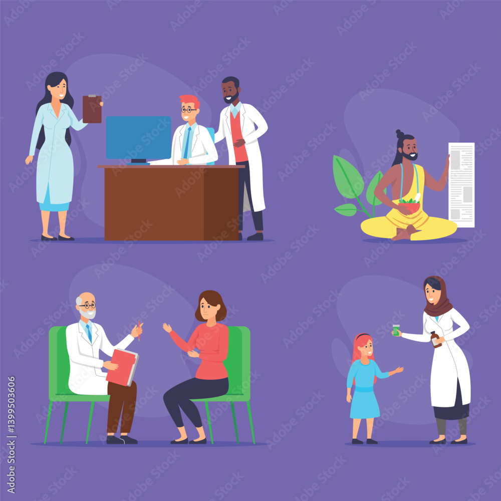Groups of doctors interacting in various environments, including consultations with patients, doctor reviewing notes, and healer providing remedies Groups of doctors interacting in various environments, including consultations with patients, doctor reviewing notes, and healer providing remedies