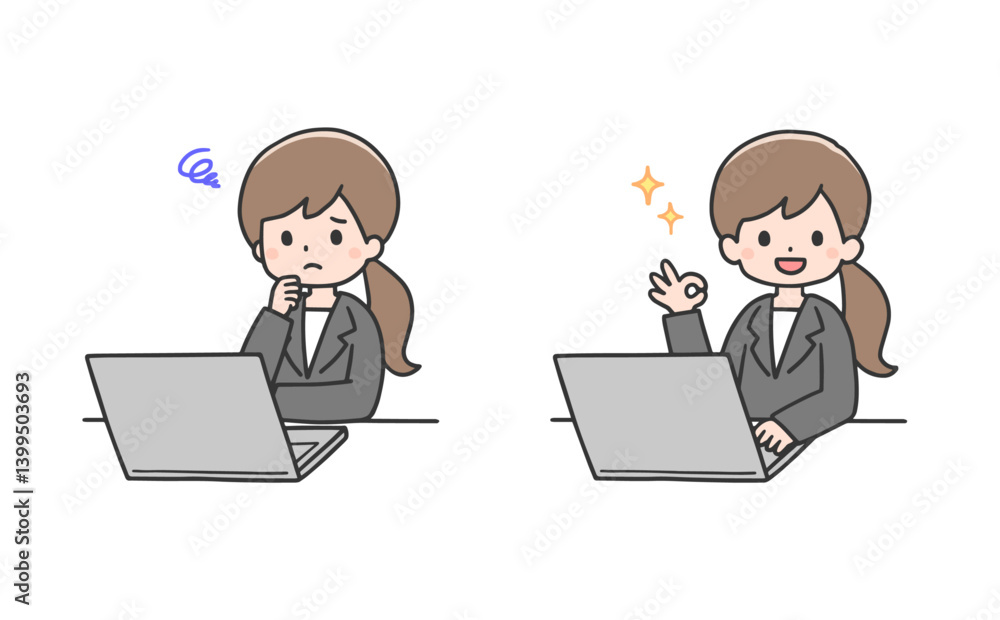 パソコンに向かい考えて解決するスーツ姿の女性のセット パソコンに向かい考えて解決するスーツ姿の女性のセット