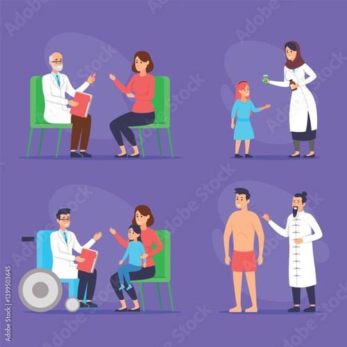 Various healthcare scenarios in clinic setting, showcasing interactions between doctors, patients, and families in supportive environment