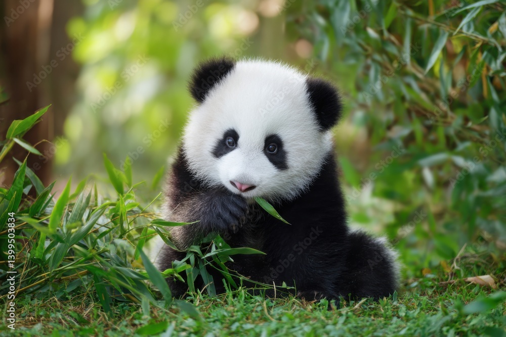 Baby panda eating bamboo in a lush green forest Baby panda eating bamboo in a lush green forest