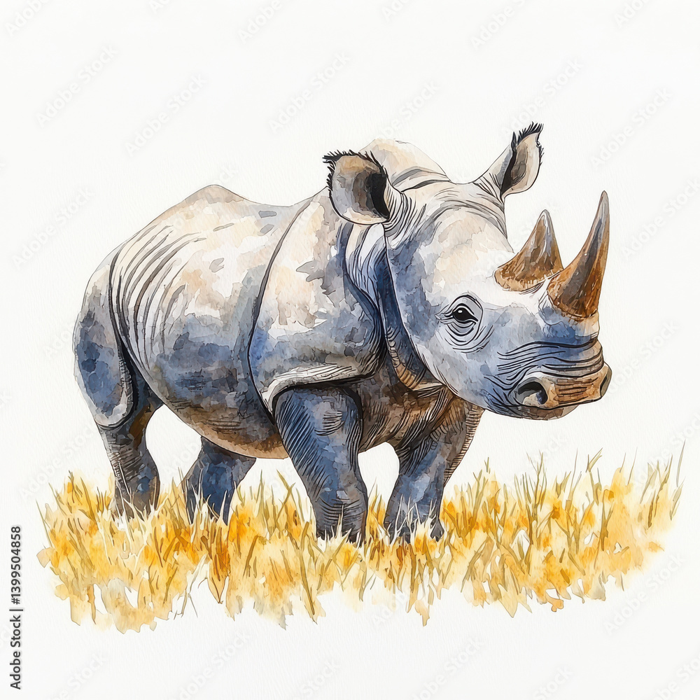 Fototapeta premium Hand drawn watercolor rhinoceros standing in golden grass Isolated white background