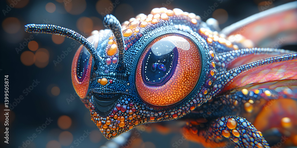 Obraz premium Colorful bug-like creature with large eyes blue skin and orange spots against a blurry background