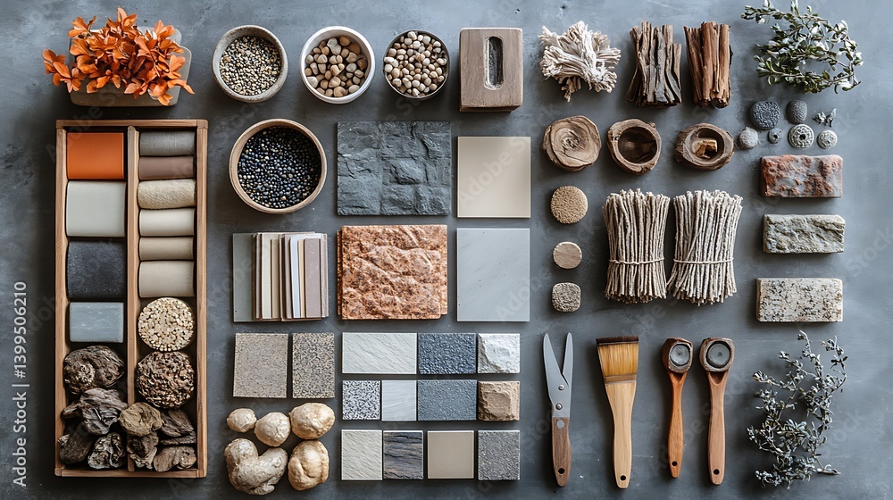 Neutral Tones: Textures and Materials Displayed for Interior Design Inspiration and Natural Color Palette Exploration, a Creative Flat Lay Composition.