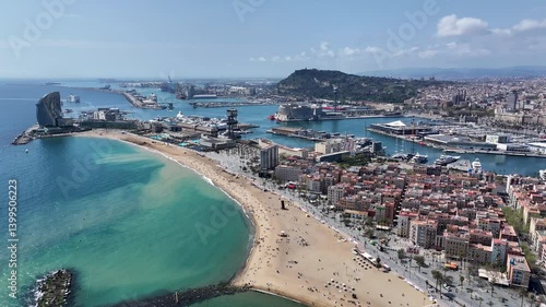 Barcelona Skyline At Barcelona In Catalonia Spain. Beach Landscape. Bay Harbor Scenery. Downtown District. Barcelona Skyline At Barcelona In Catalonia Spain. Amazing Cityscape. Spain Skyline.