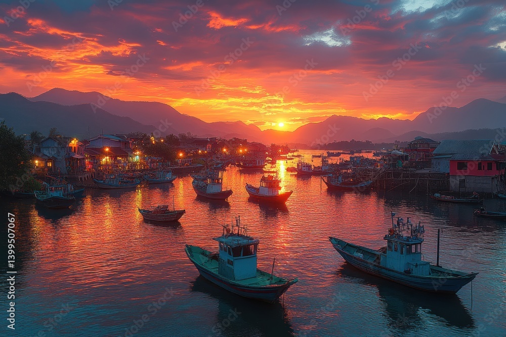 Fototapeta premium Vibrant Sunset over Fishing Village