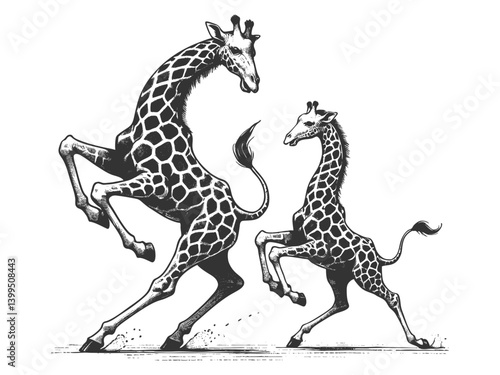 two giraffes in an animated, playful stance, appearing to rear up in mid-motion sketch engraving generative ai vector illustration. Scratch board imitation. Black and white image.