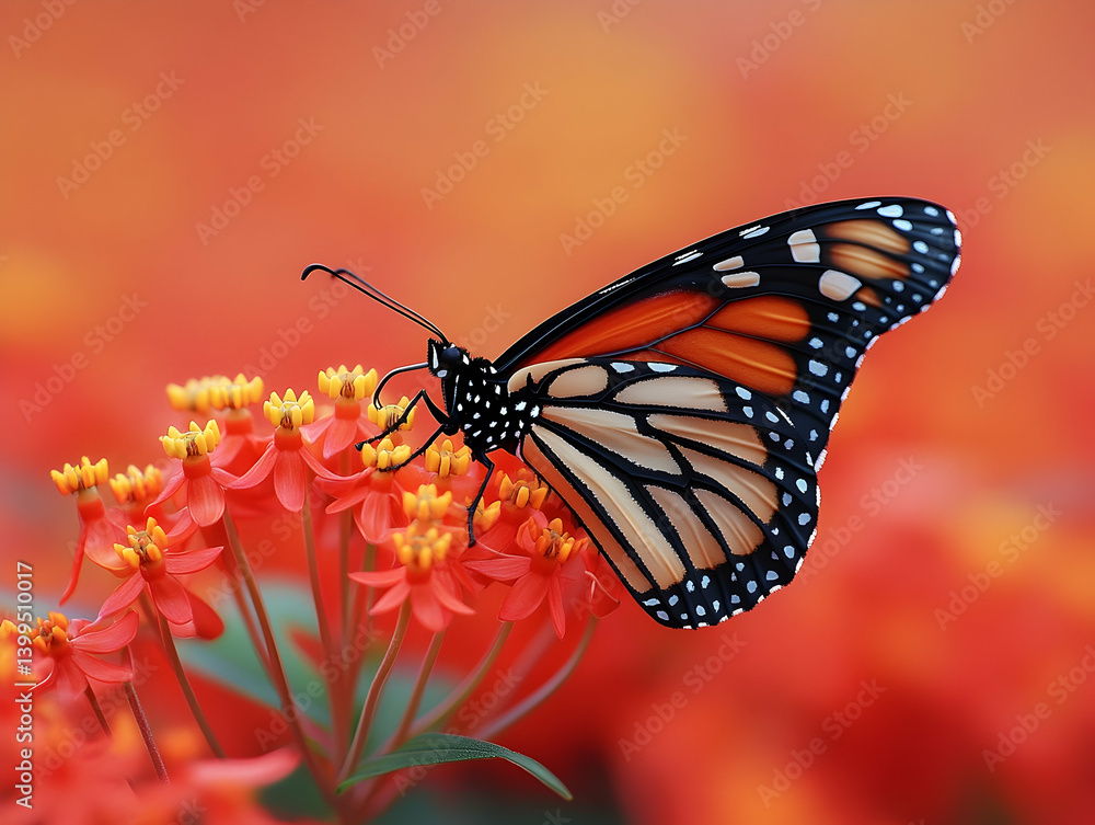 Fototapeta premium Butterfly perched on vibrant orange flowers black and orange wing pattern details against red bokeh