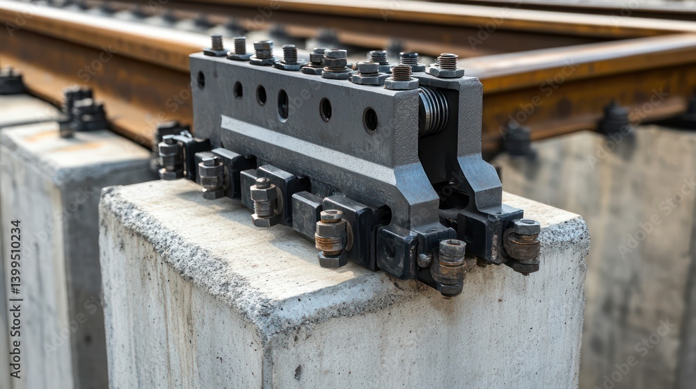 A close up of a heavy duty rail clamp system securing steel tracks onto reinforced concrete sleepers fine mechanical details