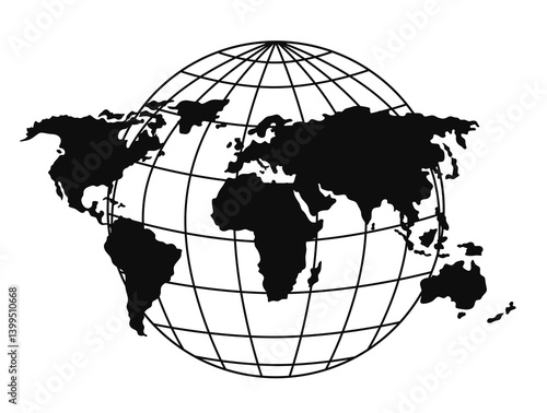 Futuristic black globe with planet map. Globe, view of America, Africa, Europe. Flat black and white silhouette of planet Earth isolated on white background.