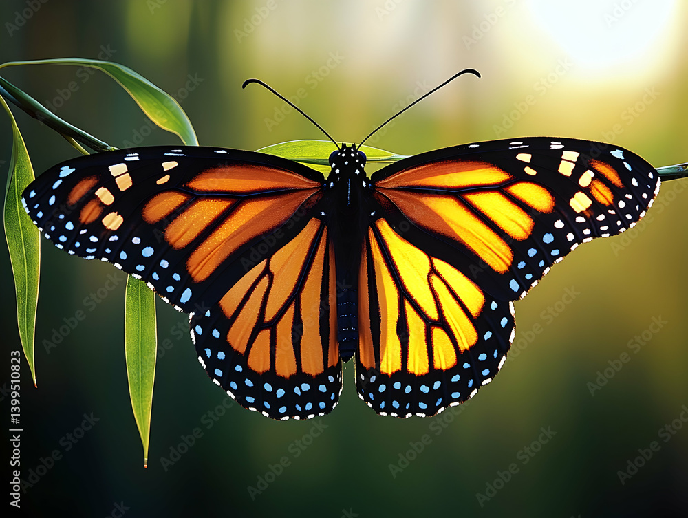 Fototapeta premium Butterfly resting on a stem wings spread showing orange and black pattern set against a blurred green backdrop