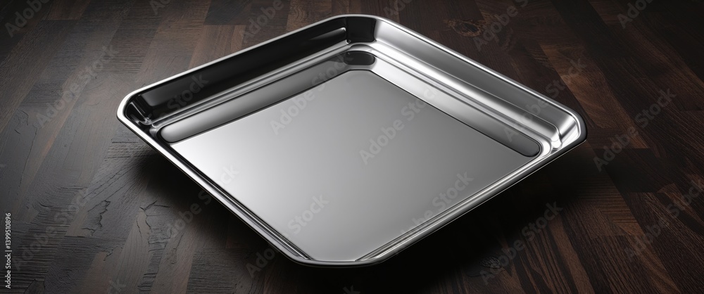 Reflective Silver Square Tray on Dark Wood Reflective Silver Square Tray on Dark Wood