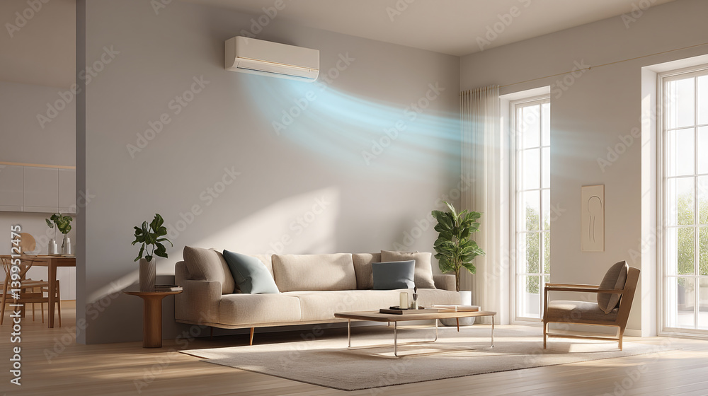 Fototapeta premium A bright living room with an air conditioner blowing cool air across the room and furniture