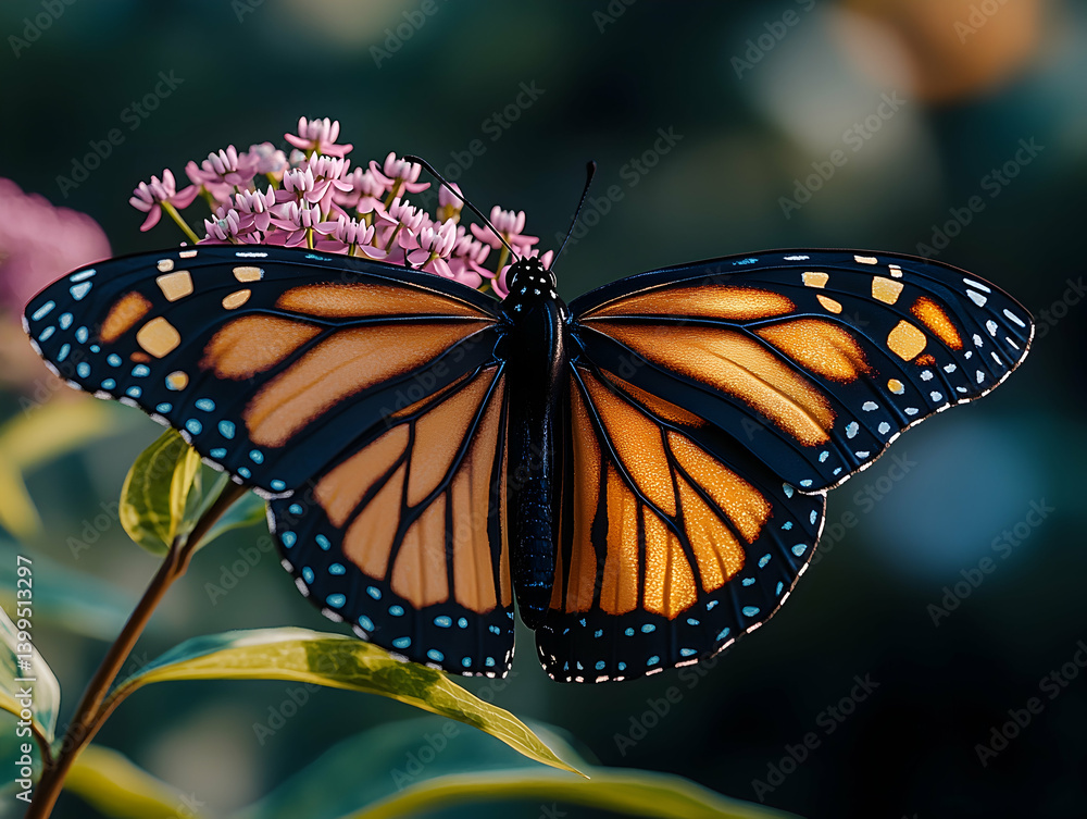 Fototapeta premium Butterfly spreads its vibrant wings on pink flowers a testament to natures beauty