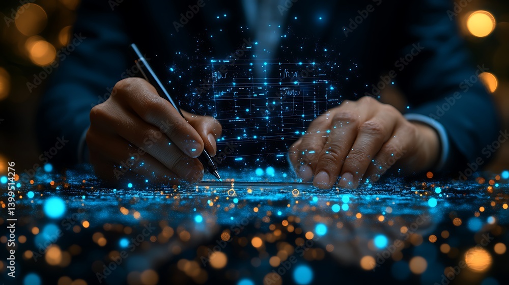 Person writing on interactive digital display with pen, futuristic technology interface glowing blue and orange.