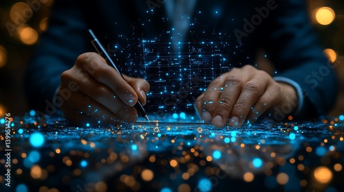 Obraz na płótnie Person writing on interactive digital display with pen, futuristic technology interface glowing blue and orange. w salonie