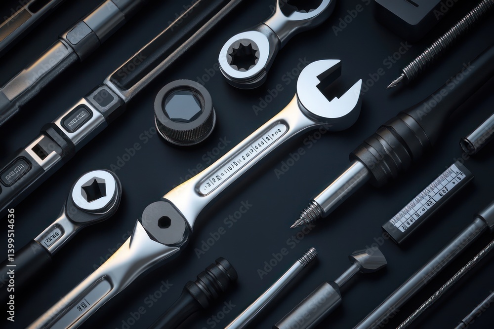 Fototapeta premium A collection of mechanical engineering tools including ratchet spanners torque screwdrivers and laser measuring devices top down view with realistic