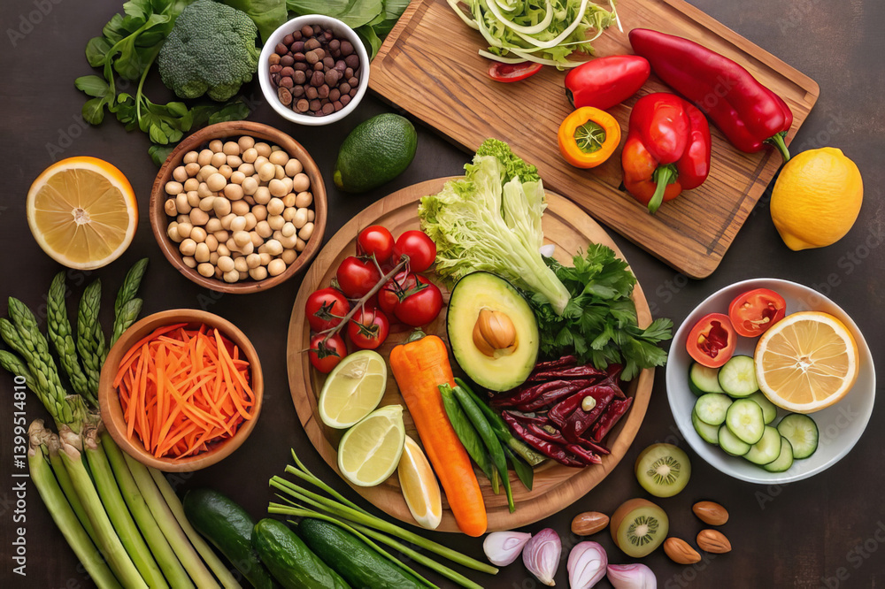 Vibrant Selection of Fresh Vegetables and Ingredients on Wooden Table Vibrant Selection of Fresh Vegetables and Ingredients on Wooden Table