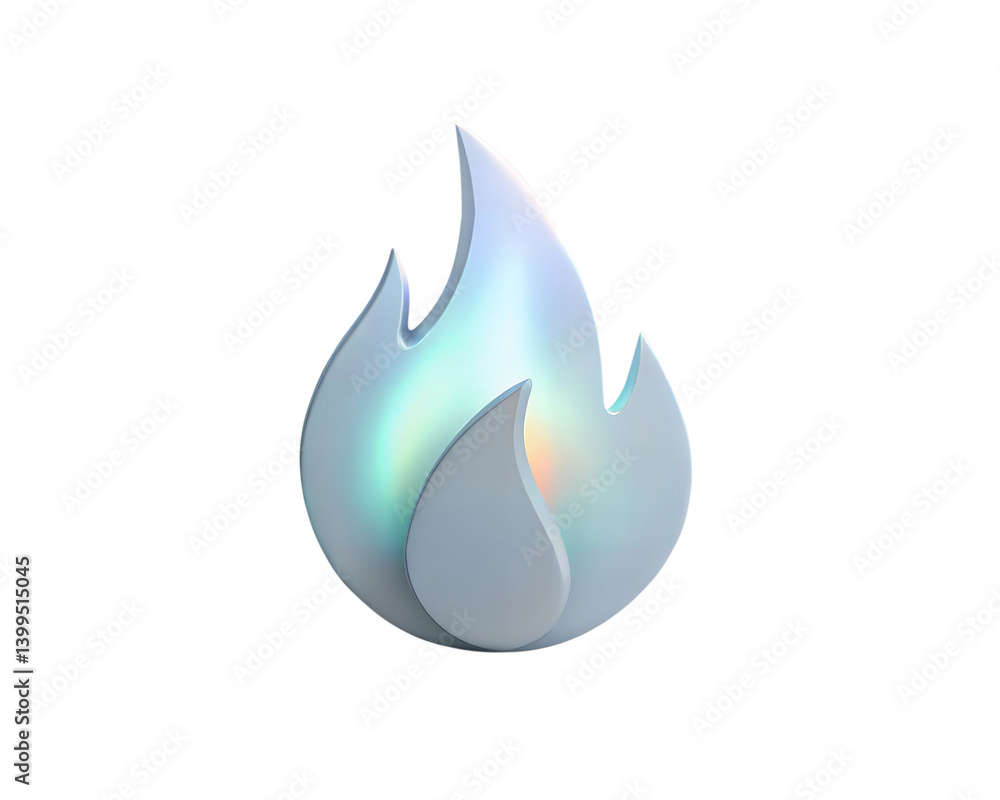 A modern, holographic 3D icon of a flame, designed with sleek curves and a glowing effect, isolated on white background, perfect for representing fire, energy, and danger. A modern, holographic 3D icon of a flame, designed with sleek curves and a glowing effect, isolated on white background, perfect for representing fire, energy, and danger.