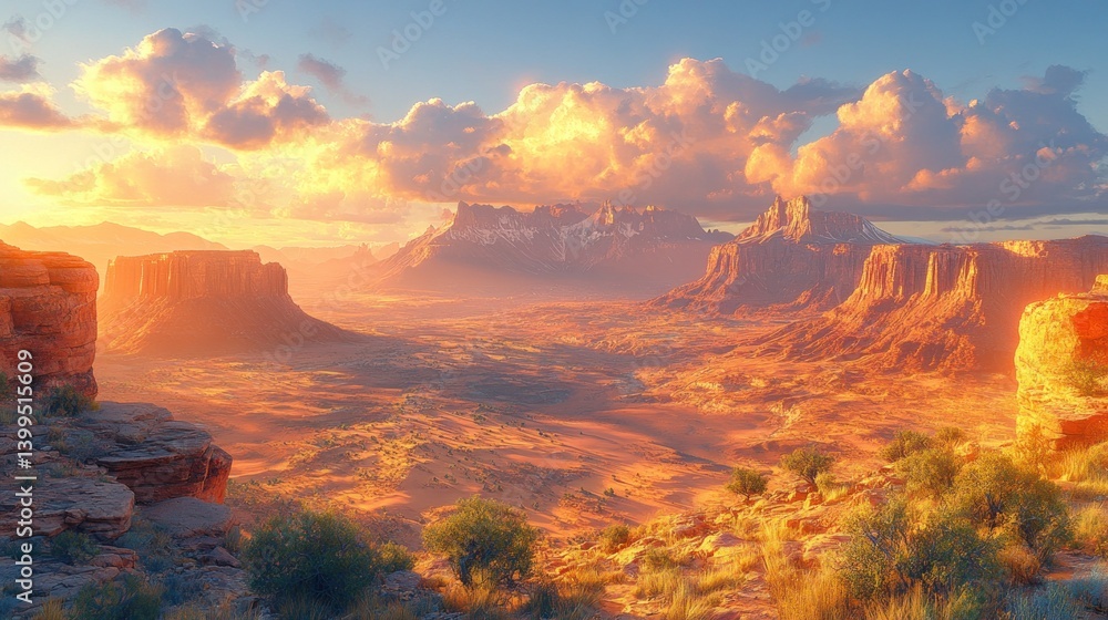 Fototapeta premium Desert canyon sunset, red rocks, dramatic clouds, scenic overlook