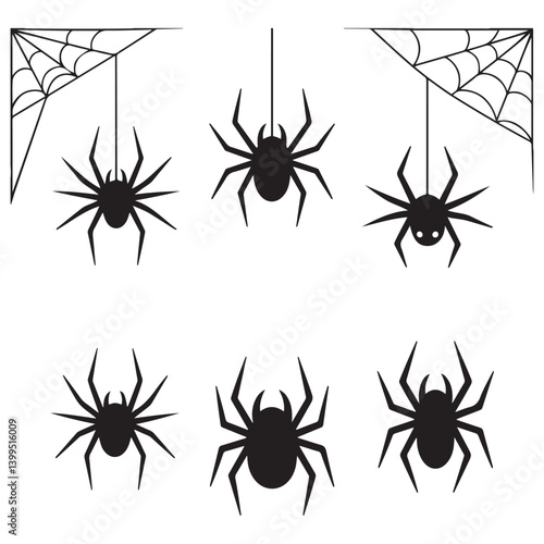 halloween spider's web Vector Black silhouettes. Spider on white background. danger insect. horror banner, scary poster. cobweb isolated decoration stock illustration. 