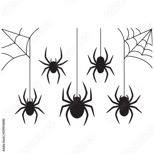 halloween spider's web Vector Black silhouettes. Spider on white background. danger insect. horror banner, scary poster. cobweb isolated decoration stock illustration. 