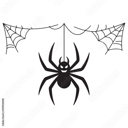 halloween spider's web Vector Black silhouettes. Spider on white background. danger insect. horror banner, scary poster. cobweb isolated decoration stock illustration. 