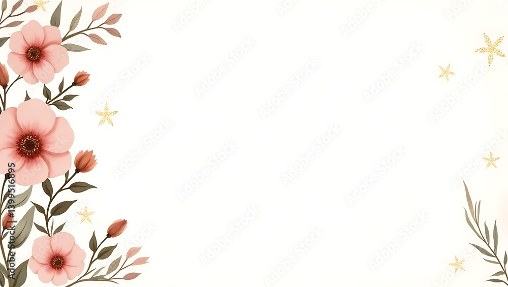 Obraz premium Elegant blush pink floral border design soft watercolor flowers gold stars white background