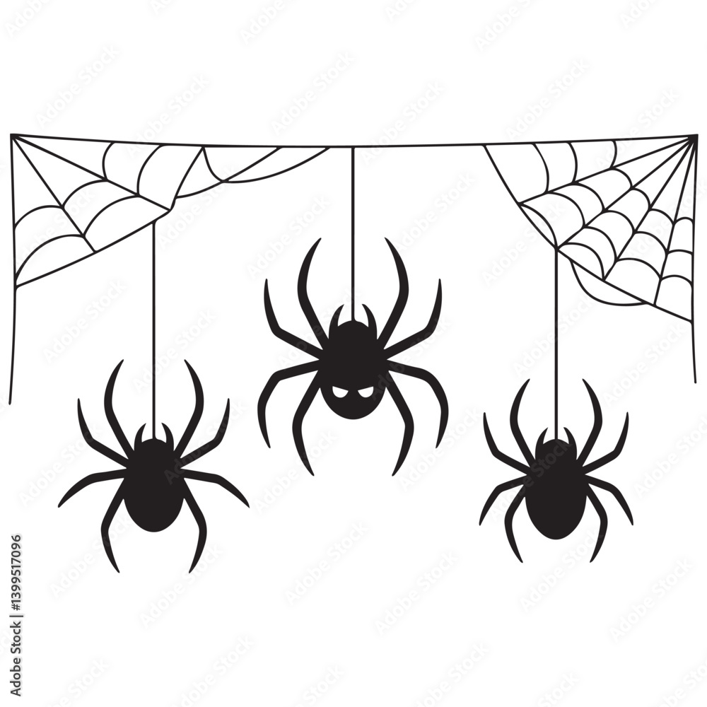Obraz premium halloween spider's web Vector Black silhouettes. Spider on white background. danger insect. horror banner, scary poster. cobweb isolated decoration stock illustration. 