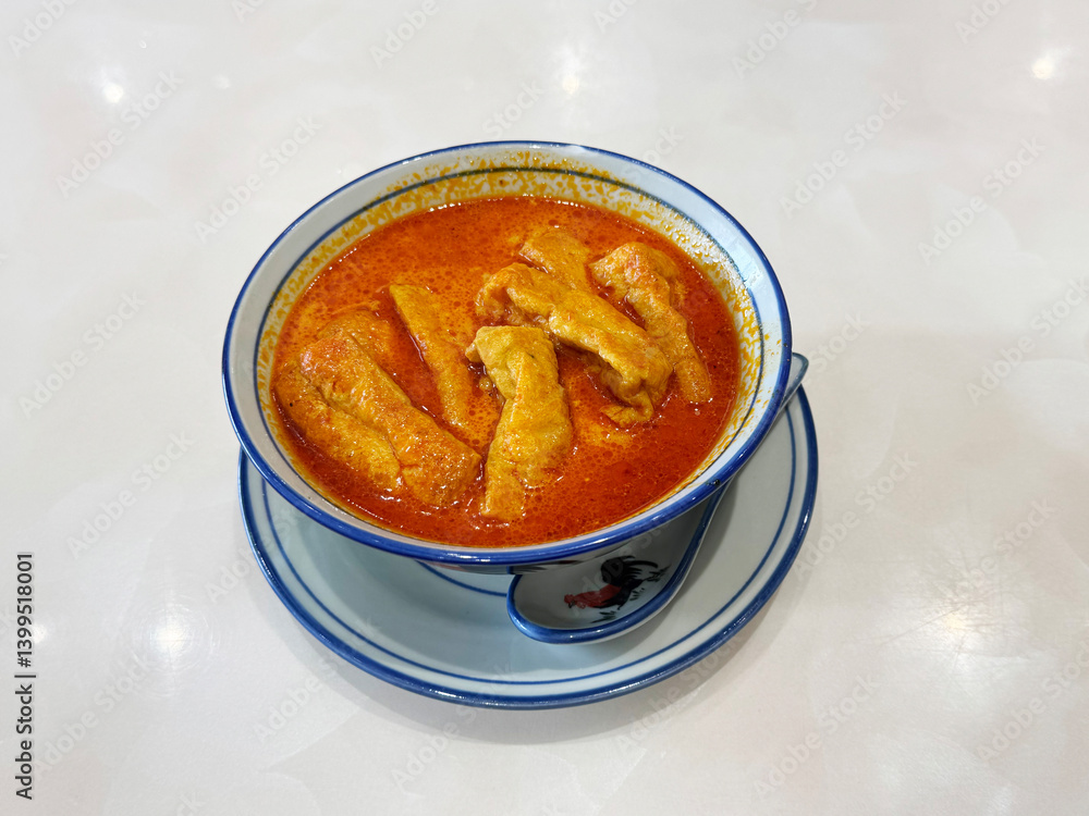 spicy nyonya noodle laksa curry soup with seafood prawn, fish cake, egg, bean curd and chilli sambal sauce in cock roster bowl on white marble table asian restaurant halal food cafe menu