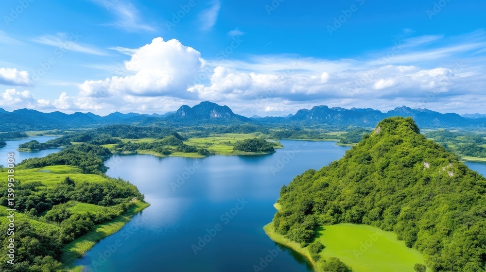 Scenic lake nestled amidst lush mountains under a vibrant sky Scenic lake nestled amidst lush mountains under a vibrant sky