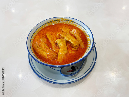 Obraz na płótnie spicy nyonya noodle laksa curry soup with seafood prawn, fish cake, egg, bean curd and chilli sambal sauce in cock roster bowl on white marble table asian restaurant halal food cafe menu w salonie