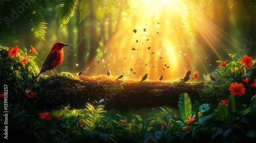 Sunlight Illuminating Forest Birds, Tropical Jungle