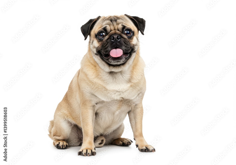 A pug sitting with its tongue out looking at the camera on a white background in a studio shot view A pug sitting with its tongue out looking at the camera on a white background in a studio shot view
