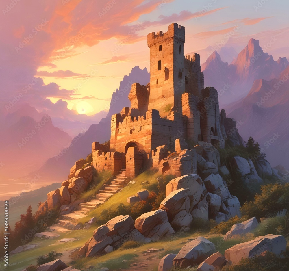 Obraz premium Illustration of landscape with old castle ruins.