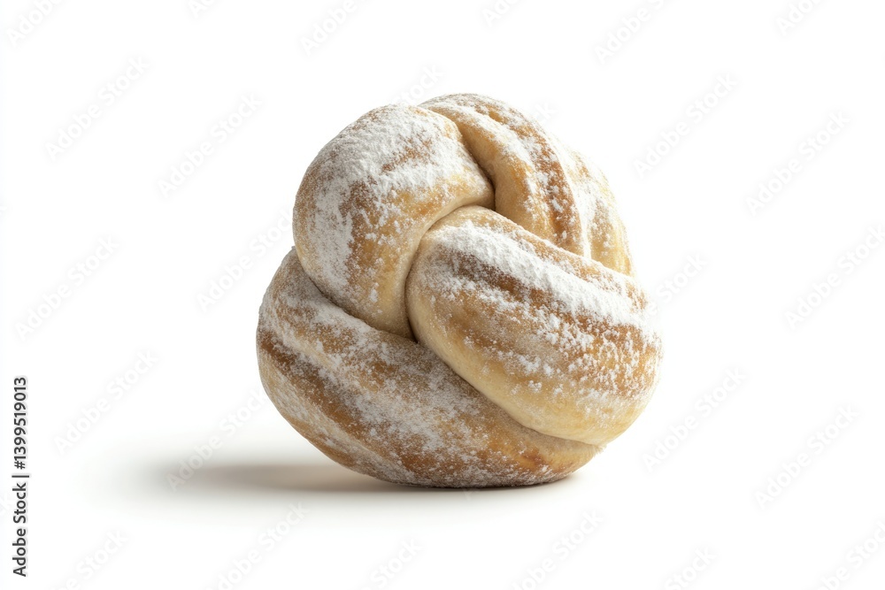 Fototapeta premium A single, powdered, knotted bread roll isolated on a white background.
