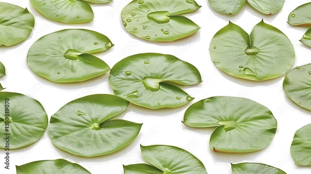 A pattern of vibrant green lily pad leaves, glistening with water droplets. A pattern of vibrant green lily pad leaves, glistening with water droplets.