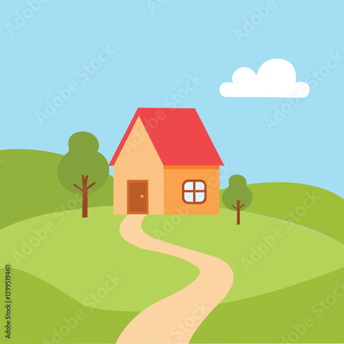 an illustration of the house on the hill. a contemporary building in the village for home. a simple and minimalist concept.