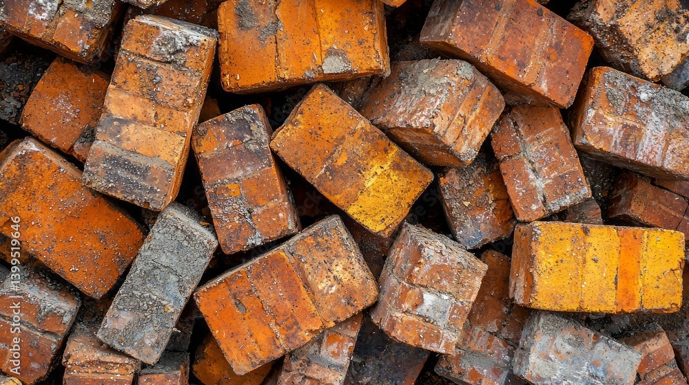 A pile of bricks with some yellow bricks in the middle A pile of bricks with some yellow bricks in the middle