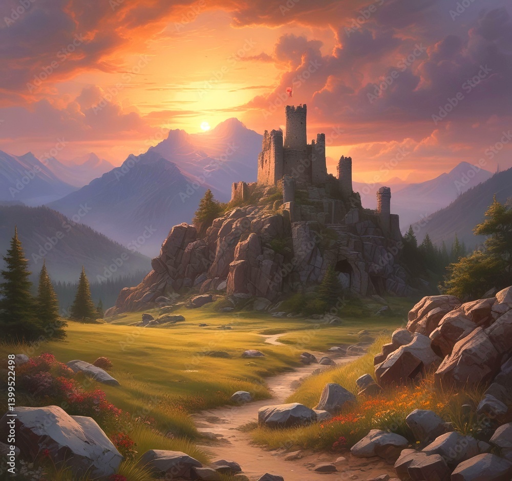 Fototapeta premium Illustration of landscape with old castle ruins.