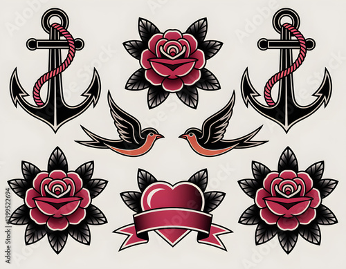 Traditional Tattoo Flash Sheet: Anchors, Roses, Swallows, and Hearts