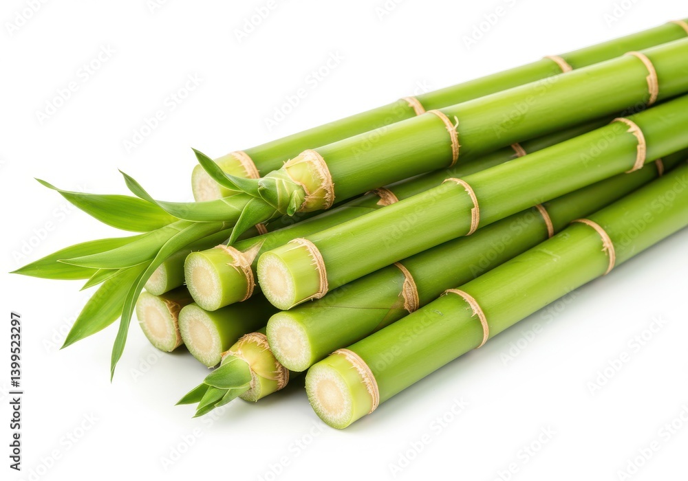Fototapeta premium A bundle of fresh green bamboo stalks with leaves on a white background, stacked diagonally together