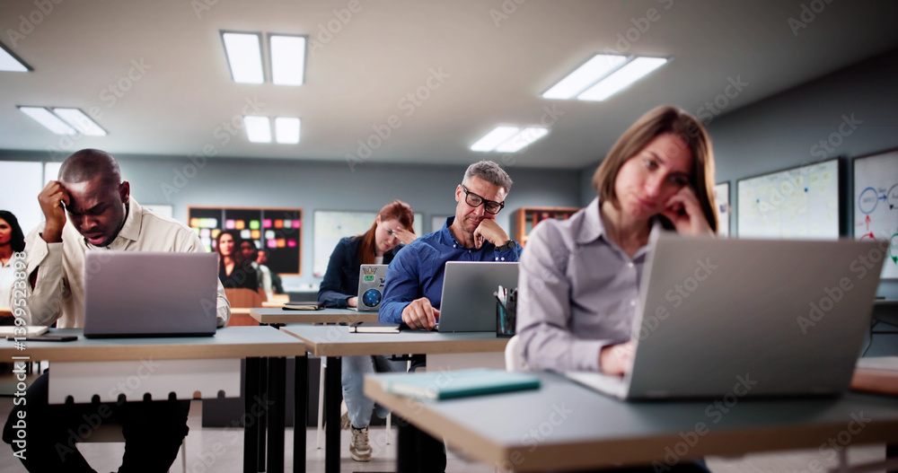 Group Of Sleepy Students Struggling Through Boring Lecture In Classroom