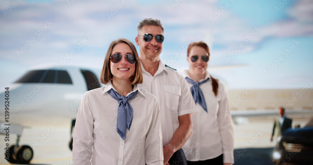 , A Happy Group Of Flight Attendants And Pilot Pose