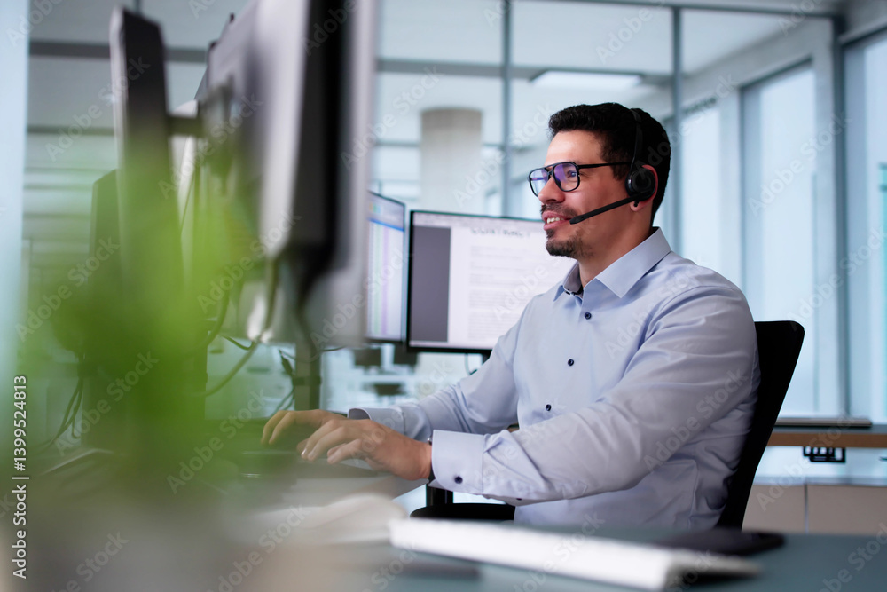 Happy Customer Support Specialist In Call Center Providing Excellent Service