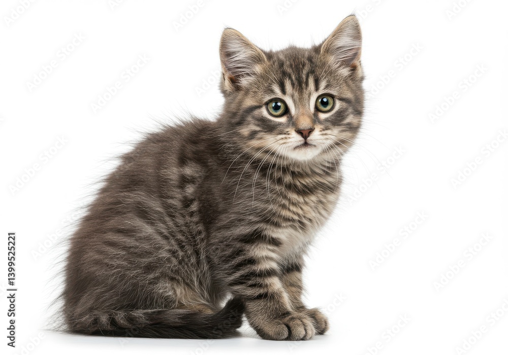 A tabby kitten sitting upright looking directly at the camera on a plain white background studio shot A tabby kitten sitting upright looking directly at the camera on a plain white background studio shot
