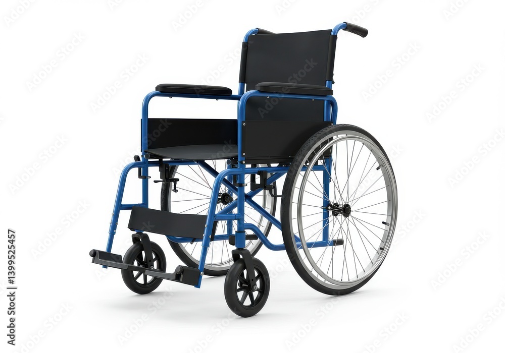 Fototapeta premium A blue wheelchair with black seat and backrest on a white background in a studio setting image view