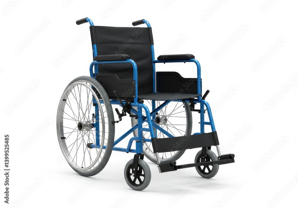 Fototapeta premium A blue wheelchair with black fabric seat and backrest on a white background in a studio shot view